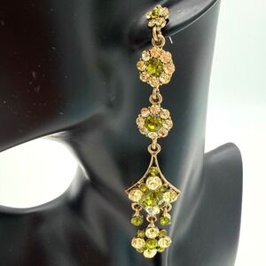 Vintage Green Chandelier Rhinestone Dangle Earrings Gold Tone Statement 4"